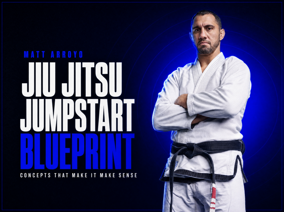 Matt Arroyo in a white gi beside the words Jiu Jitsu Jumpstart Blueprint on a deep blue ground